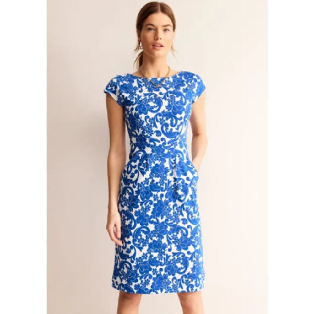 Boden Florrie Jersey Dress Knit Pocket Blue White 4 Cap Sleeves